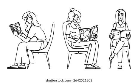 livro mulher lendo vetor cadeira. relaxe pessoa, estilo de vida lazer, repouso casa livro mulher lendo cadeira personagem. pessoas linha preta lápis desenho ilustração