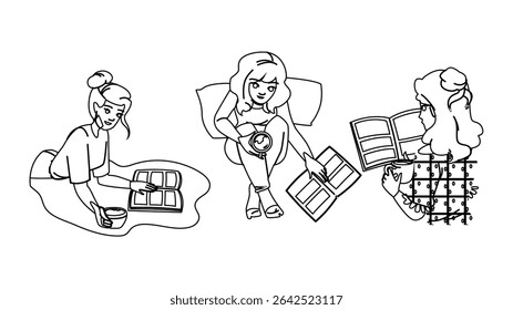 book woman reading coffee vector. lifestyle young, drink person, girl morning book woman reading coffee character. people black line pencil drawing illustration