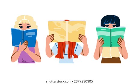 book woman reading hiding vector. person face, holding lifestyle, young female book woman reading hiding character. people flat cartoon illustration