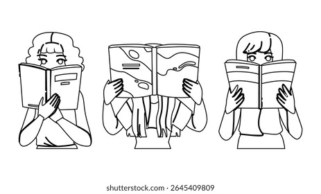 book woman reading hiding vector. person face, holding lifestyle, young female book woman reading hiding character. people black line pencil drawing illustration