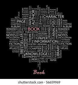 BOOK. Word collage on black background. Illustration with different association terms.