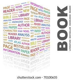 BOOK. Word collage on white background. Illustration with different association terms.