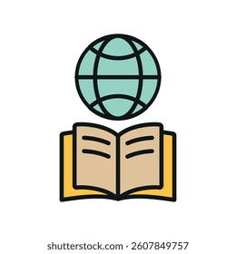 Book with world globe icon symbolizes global literacy, education, and cultural exploration