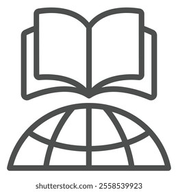 Book with world globe part line icon, translate worker holiday concept. Vector graphics. Opened textbook and planet sign on white background, outline style icon for mobile or web design