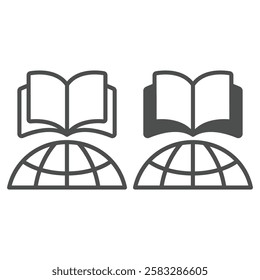 Book with world globe part line and solid icon, translate worker holiday concept. Vector graphics. Opened textbook and planet sign on white background, outline style icon for mobile or web design