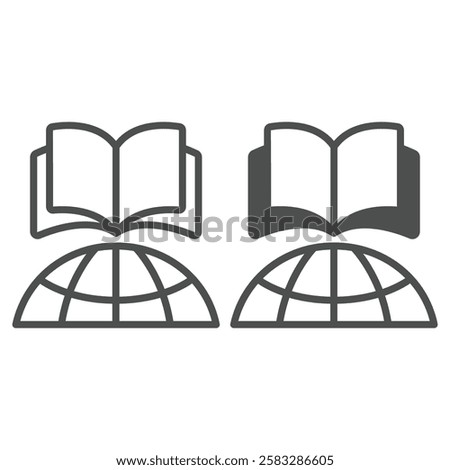 Book with world globe part line and solid icon, translate worker holiday concept. Vector graphics. Opened textbook and planet sign on white background, outline style icon for mobile or web design