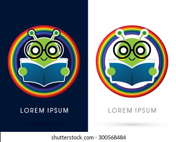 Book worm, cartoon cute, on rainbow background, graphic vector.