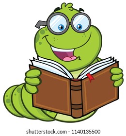 Book Worm Cartoon Mascot Character With Glasses Reading A Book. Vector Illustration Isolated On White Background