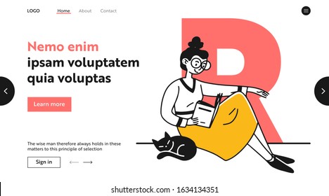 Book worm with cat. Nerdy student girl in big glasses reading book flat vector illustration. Library, geek, studying, education concept for banner, website design or landing web page