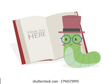 Book Worm Reading Book Vector Illustration Cartoon Isolated On White Background. Cute Bookworm And A Book. 