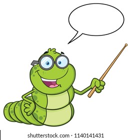 Book Worm Teacher Cartoon Character With Glasses Gesturing With A Pointer. Vector Illustration Isolated On White Background With Speech Bubble