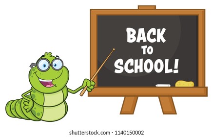 Book Worm Teacher Cartoon Character With Glasses Pointing To A Chalkboard. Vector Illustration Isolated On White Background With Text