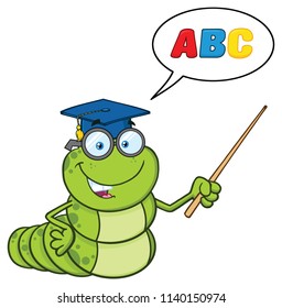 Book Worm Teacher Cartoon Character With Glasses Gesturing With A Pointer. Vector Illustration Isolated On White Background With Speech Bubble