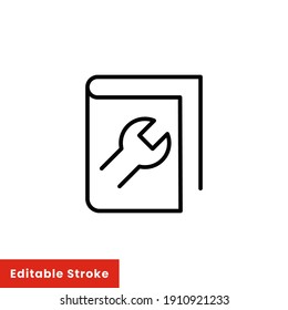 Book with wrench line icon for web template and app. Help and support concept. Vector illustration design on white background. Editable stroke EPS 10