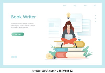 Book writer concept. Woman sitting with laptop on book. Concentration and brainstorming. Professional worker. Isolated vector illustration in cartoon style