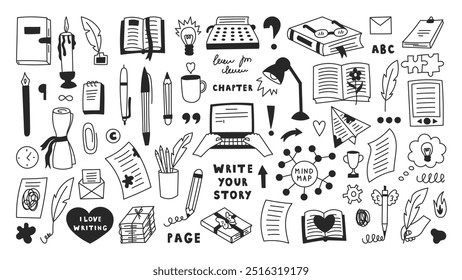 Book Writer Doodle Icons Set. Large collection of hand drawn Writing tools equipment and symbols. Outline book reading signs for author publisher journalist.