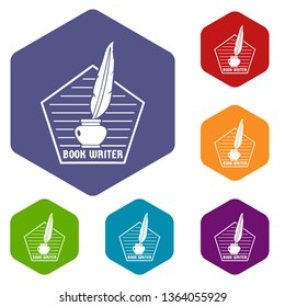Book writer icons vector colorful hexahedron set collection isolated on white 