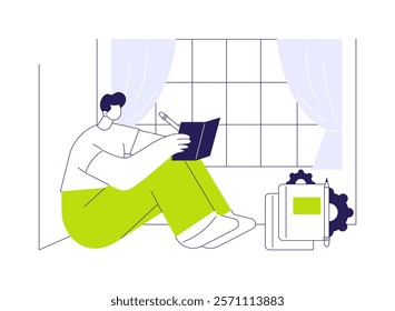 Book writing abstract concept vector illustration. Man engaged in ghostwriting, digital journalism, book doctoring, editorial services, self-employed creative people abstract metaphor.