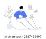 Book writing isolated cartoon vector illustrations. Focused man deals with book doctoring, ghostwriting process, online business, IT sector, creating a successful material vector cartoon.