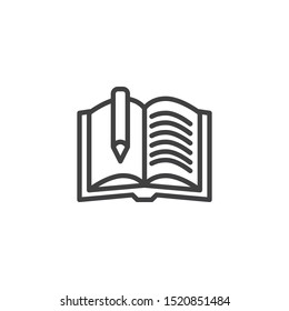 Book writing line icon. linear style sign for mobile concept and web design. Book and pen outline vector icon. Education symbol, logo illustration. Vector graphics