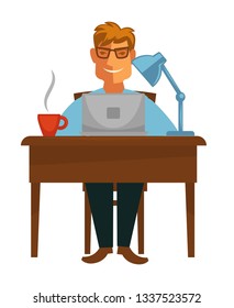 Book writing writer with laptop at desk coffee cup and lamp vector isolated male character in glasses job or occupation brainstorming idea or plot typing text novel or story literacy freelancer