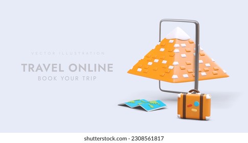 Book your best tour. Travel around world. Payment of tourist vouchers online. Vector concept for advertising phone travel application. Vacations abroad