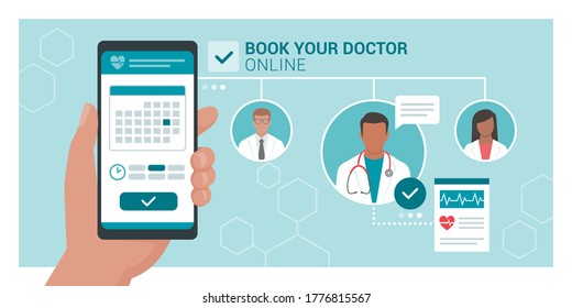 Book your doctor online: patient booking his appointment with a doctor using a mobile app, healthcare and technology concept
