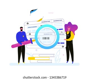 Book your flight - colorful flat design style illustration on white background. A composition with characters holding tickets, boarding pass, standing with a magnifying glass. Traveling concept