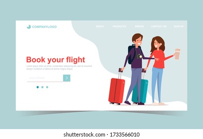 Book your flight. Concept of web page design for website and mobile website. Landing page template. Vector illustration in flat style
