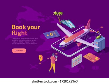 Book your flight isometric landing page. Man standing with gadget in front of smartphone and buying tickets for travel by aircraft. 3d vector web banner with plane, bank card, suitcase and passport.