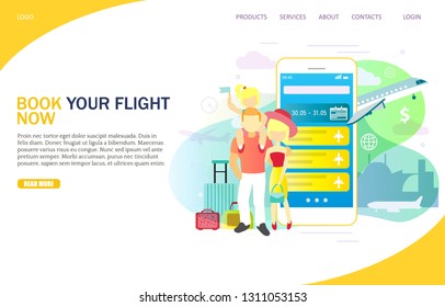 Book your flight now vector website template, web page and landing page design for website and mobile site development. Mobile phone bookings for airlines concept.