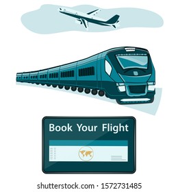 Book your flight - plane, train, electronic ticket on a tablet - vector. Online travel mobil app. E-shopping concept.