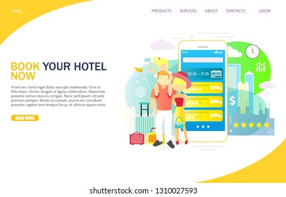 Book your hotel now vector website template, web page and landing page design for website and mobile site development. Mobile phone hotel booking and reservation concept.