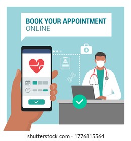 Book your medical appointment online using a mobile app, doctor sitting at desk in the background and wearing a face mask