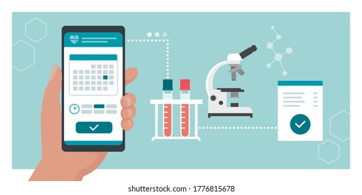 Book your medical lab test online: patient booking his test using a mobile app, microscope and test tubes in the background