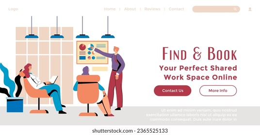 Book your perfect shared office space, rental of workplace for employees and workers. People giving presentation sharing idea. Website landing page template, internet site. Vector in flat style