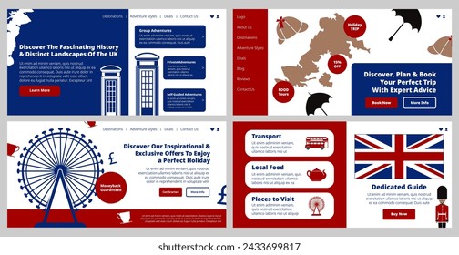 Book your perfect trip to London, web page set. Urban landscape tour reservation at landing banner collection, vector illustration. Discover Uk landscape offer at website