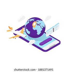 Book Your Ticket Isometric Website Template. Modern Flat Vector Illustrations. Landing Page. Social Media Concept.