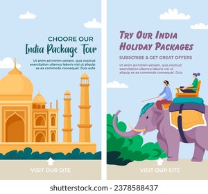 Book your trip to India at lowest prices. Experience elephant ride and Taj Mahal excursion with guide. Destination for traveling. Promotional banner for advertisement poster, vector in flat style