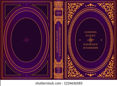 Bookbinding design. Stylish lilac book in a classic design. Vector book. Vintage bookbinding frames.