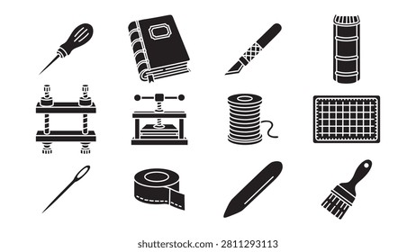 Bookbinding equipment minimal solid icon set for book craft. Bookbinding supplies glyph elements for stationery. Book repair tools filled illustration designs for printing, restoration and binding