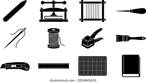 Bookbinding tools and equipment black icon set for traditional book restoration and craft binding vector illustration