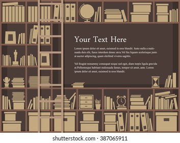 Bookcase background full of books in study room. Flat vector illustration.