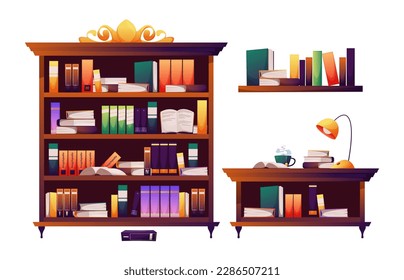 Bookcase. Book shelf with books and research academic interior, library classic collection of bookshelf furniture. Vector illustration. Desk with open encyclopedia, lamp and cup of tea