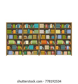 Bookcase with books. Big library of books. Flat style vector illustration isolated on white background.