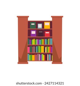 Bookcase with books. Book shelves full of multicolored books covers. Cartoon home, school or library store wooden bookshelf. Library furniture interior vector illustration in flat style