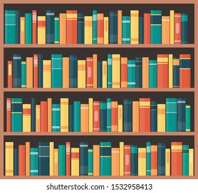 Bookcase with books. Book shelves with multicolored book spines. Vector illustration in flat style