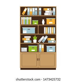 Bookcase with books, boxes and folders for office interior. Vector illustration.