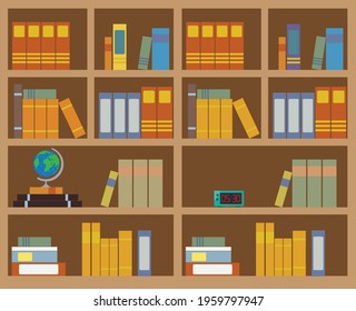 Bookcase. A lot of books. Flat design.