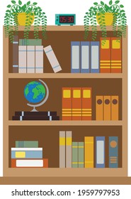 Bookcase. A lot of books. Flat design.